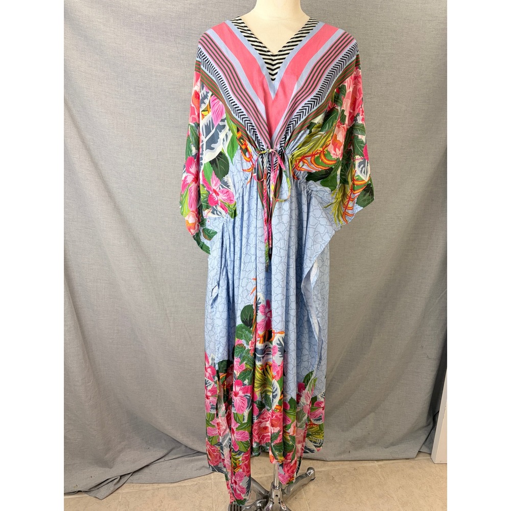 Blank London Tropical Floral Kaftan Maxi Dress Blue Pink One Size Kimono Sleeve